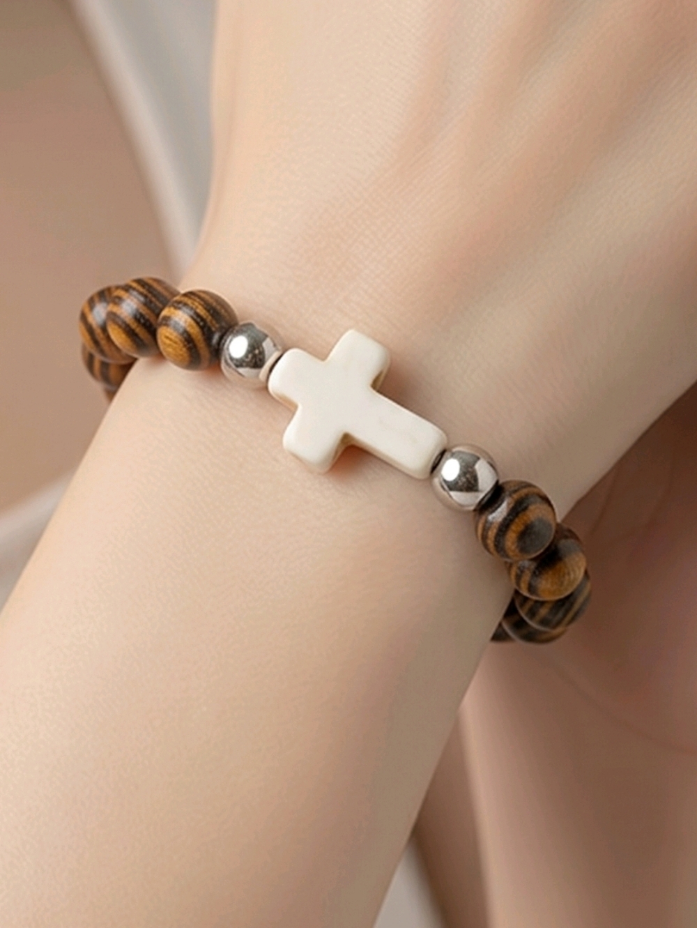 Cross Wood Bead Bracelet Christian Faith Stretch Bracelet Unisex Gift Minimalist